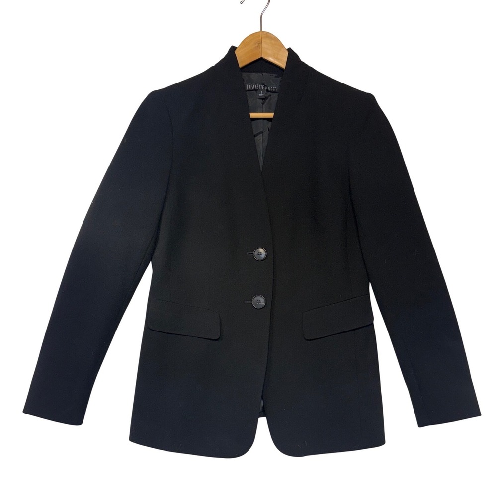 Lafayette 148 New York Black 100% Virgin Wool Collarless Blazer Jacket Size 2